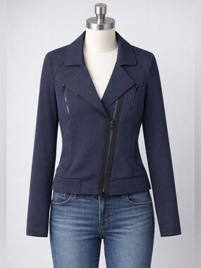 CAbi Chance Navy Blue Asymmetrical Zip-Front Moto Jacket size Medium